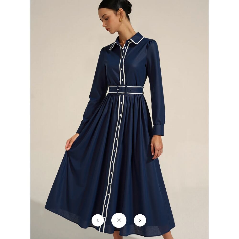 Commense Navy Blue Maxi Shirt Dress with White Trim - Picture 2 of 7